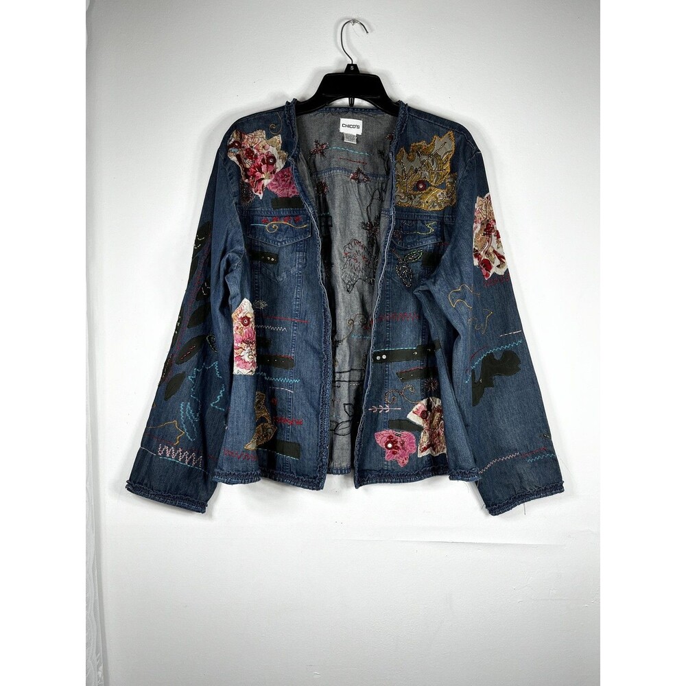 Chico's Jacket Womens 3 Blue Denim Floral Embroidered Beaded Boho Open Front